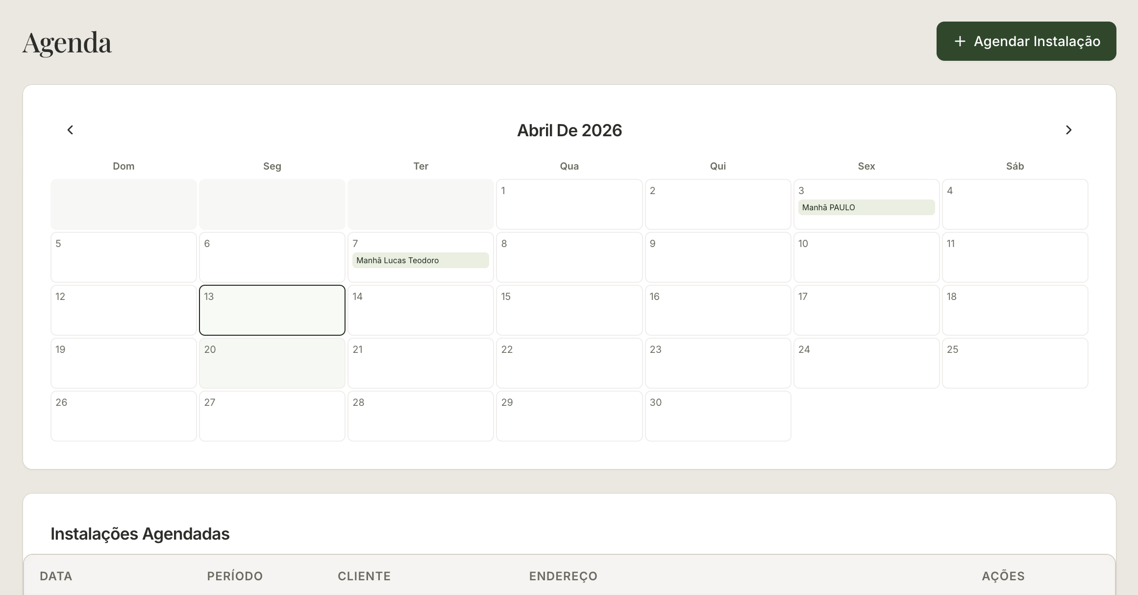 Agenda de instalações do MarbleHub