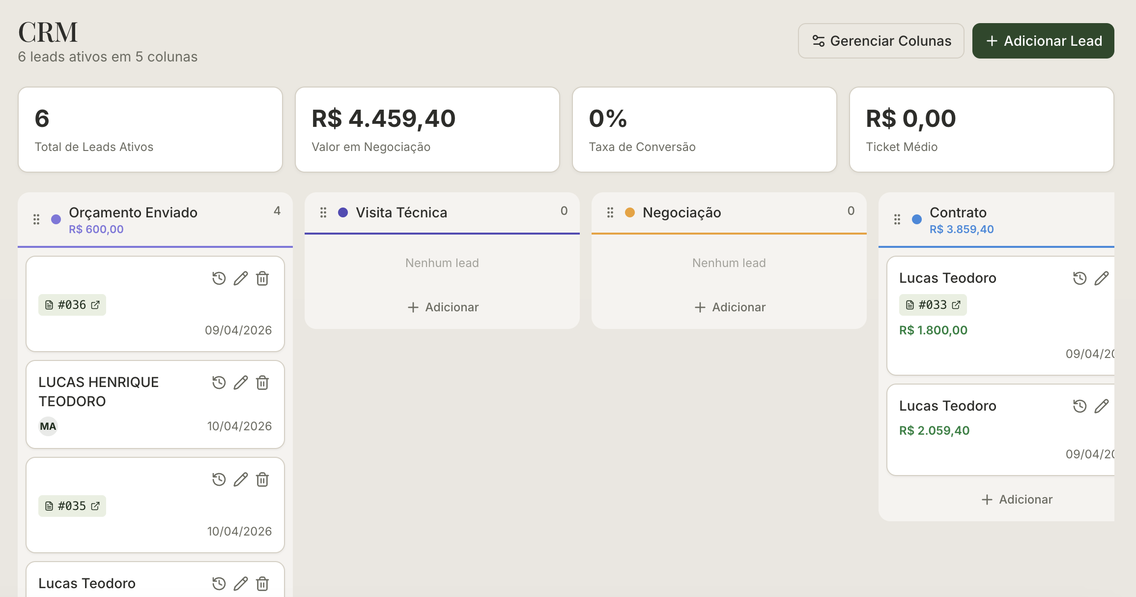 CRM em kanban do MarbleHub