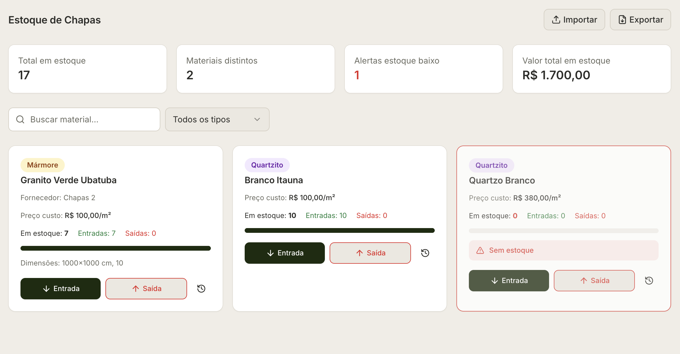 Estoque de chapas do MarbleHub