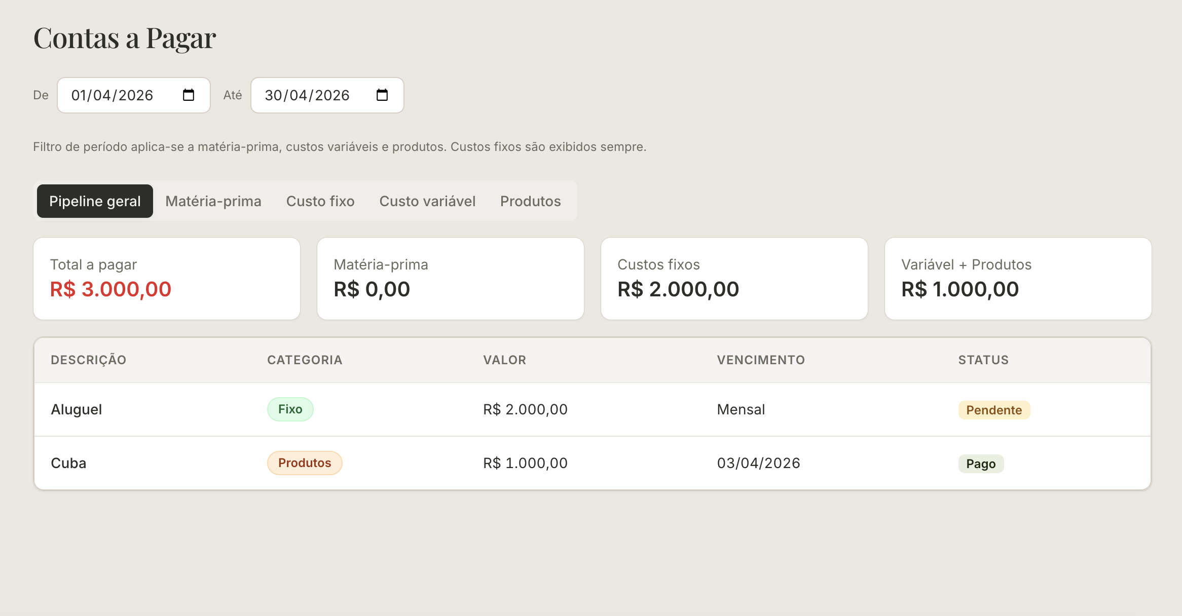 Contas a pagar do MarbleHub