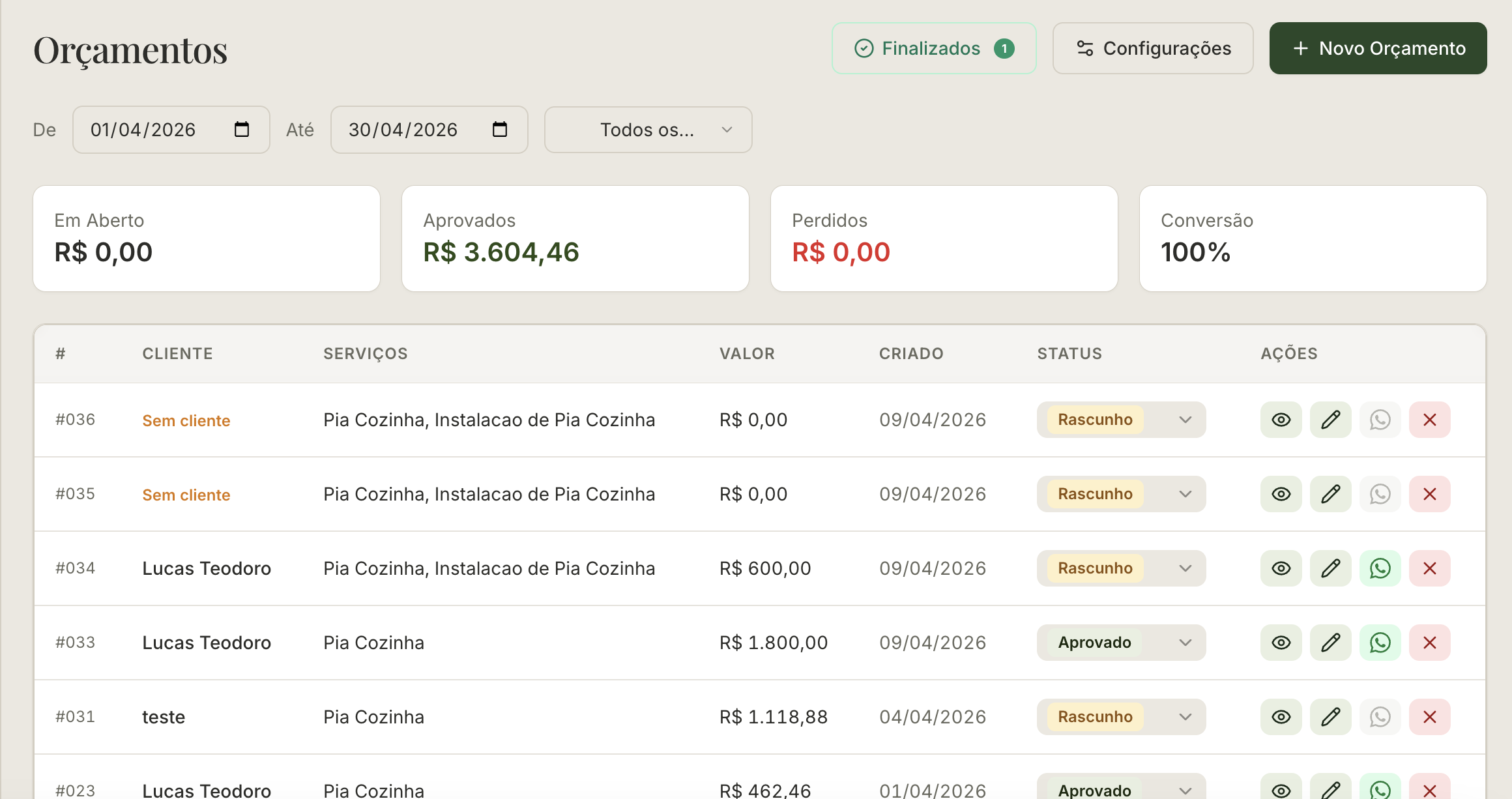 Tela de orçamentos do MarbleHub