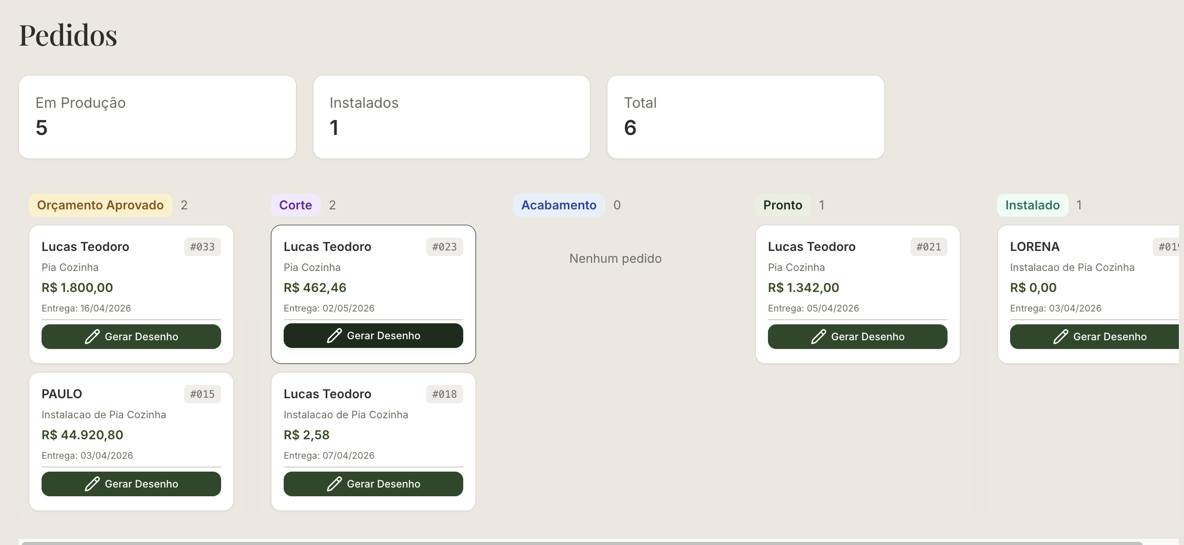 Kanban de pedidos do MarbleHub